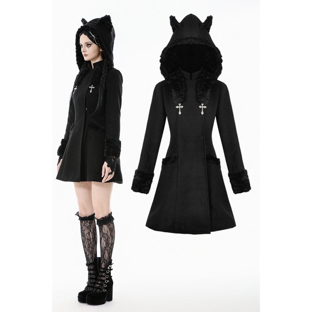 Darkinlove Women's Gothic Cross Plush Cat Ear Hooded Coat