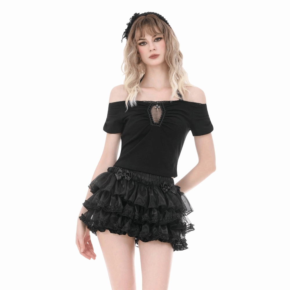 Darkinlove Women's Gothic Cross Ruched Halter Short Sleeve Crop Top