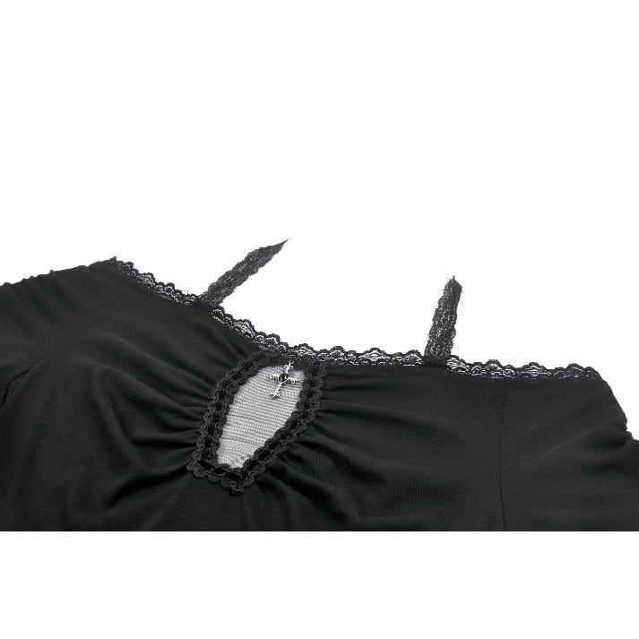 Darkinlove Women's Gothic Cross Ruched Halter Short Sleeve Crop Top