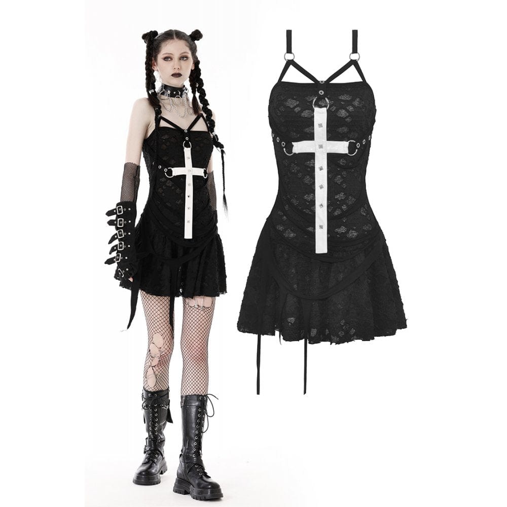 Darkinlove Women's Gothic Cross Strap Ripped Slip Dress