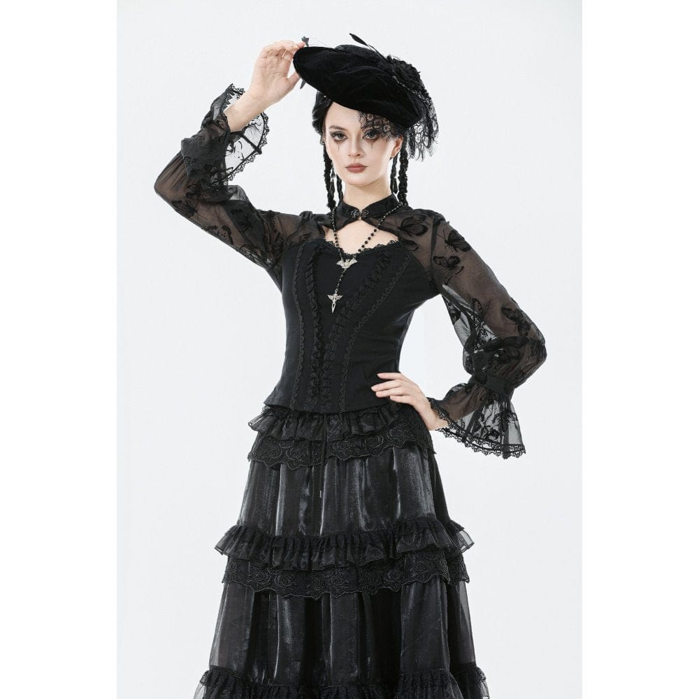 Darkinlove Women's Gothic Cut-out Butterfly Mesh Sleeves Shirt