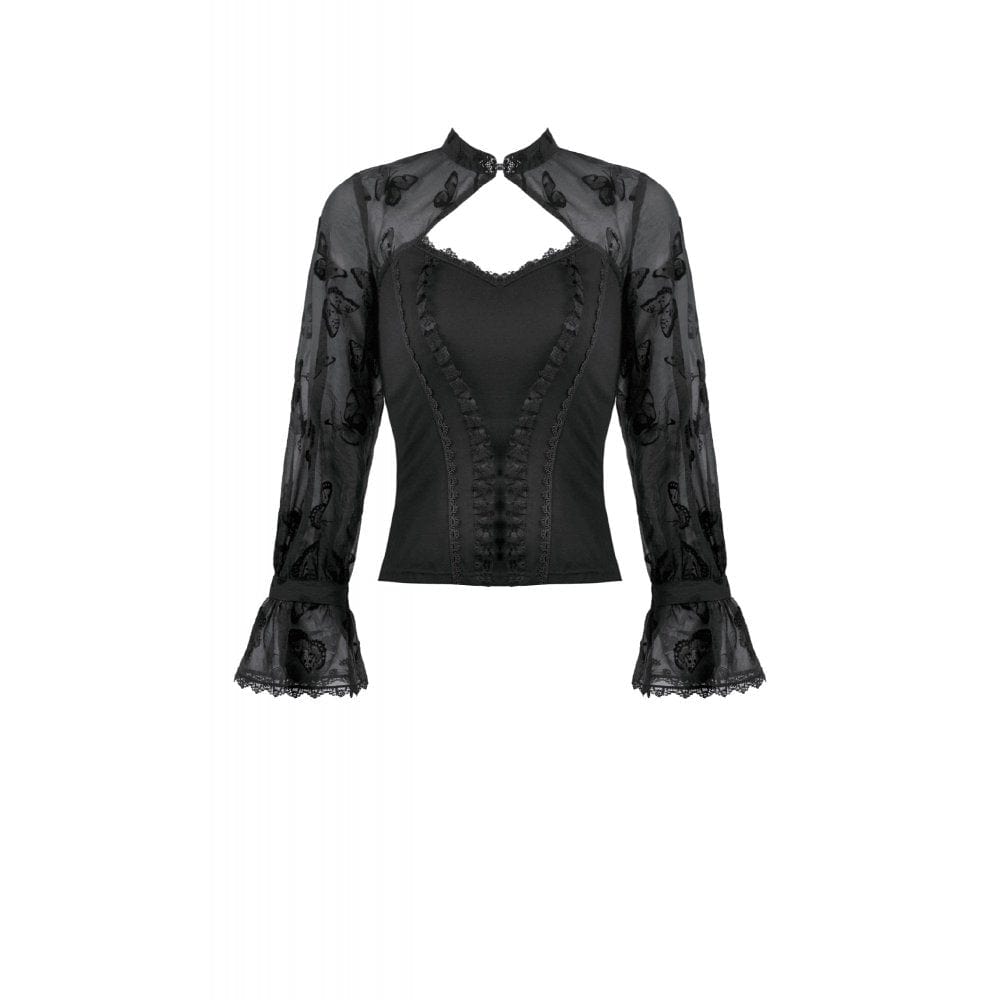 Darkinlove Women's Gothic Cut-out Butterfly Mesh Sleeves Shirt