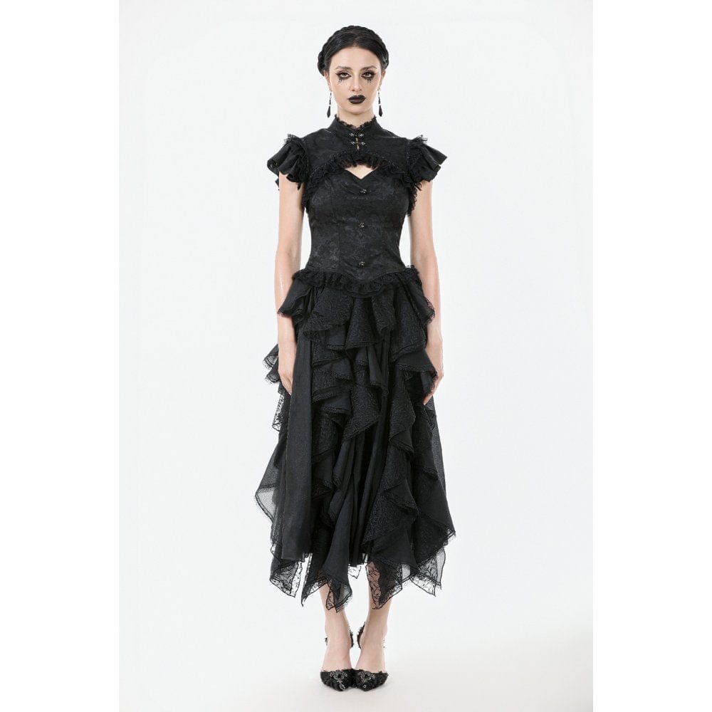 Darkinlove Women's Gothic Cutout Lace Ruffles Jacquard Short Sleeved Shirt