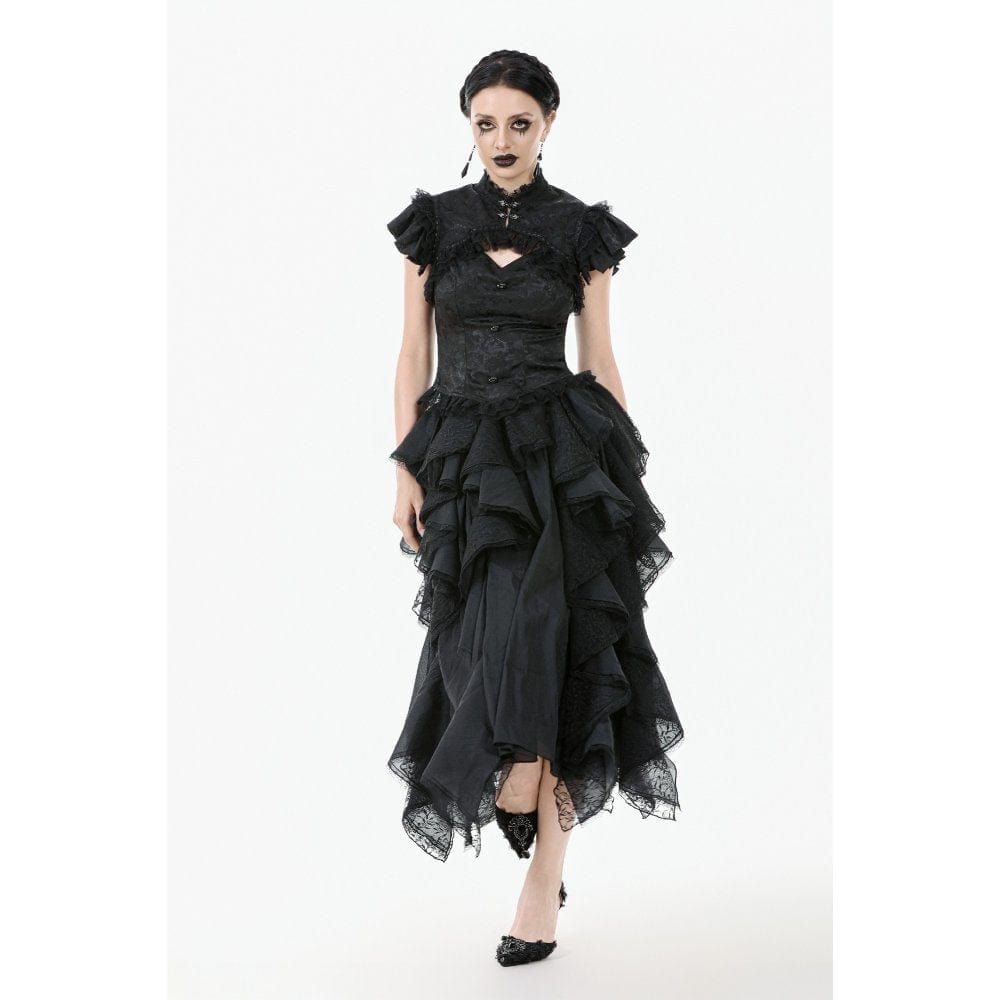 Darkinlove Women's Gothic Cutout Lace Ruffles Jacquard Short Sleeved Shirt