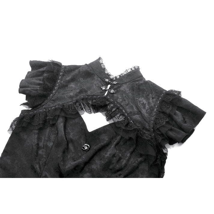 Darkinlove Women's Gothic Cutout Lace Ruffles Jacquard Short Sleeved Shirt