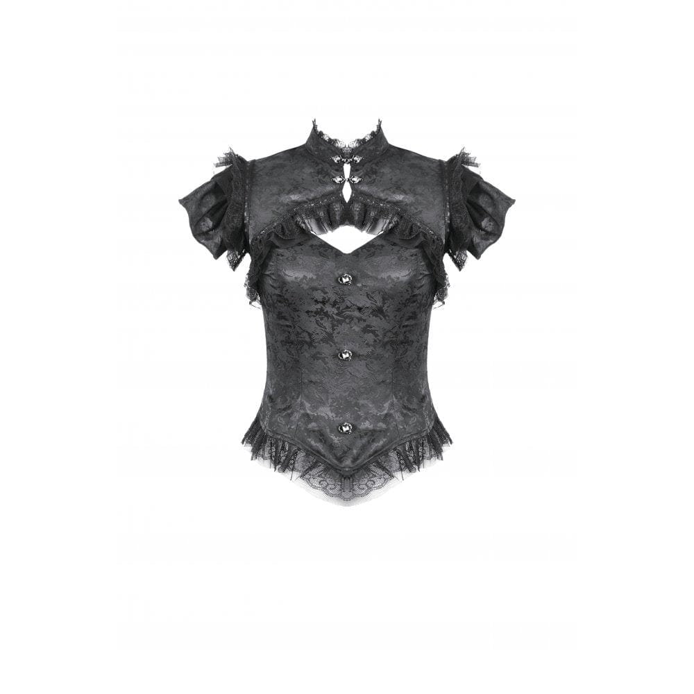Darkinlove Women's Gothic Cutout Lace Ruffles Jacquard Short Sleeved Shirt