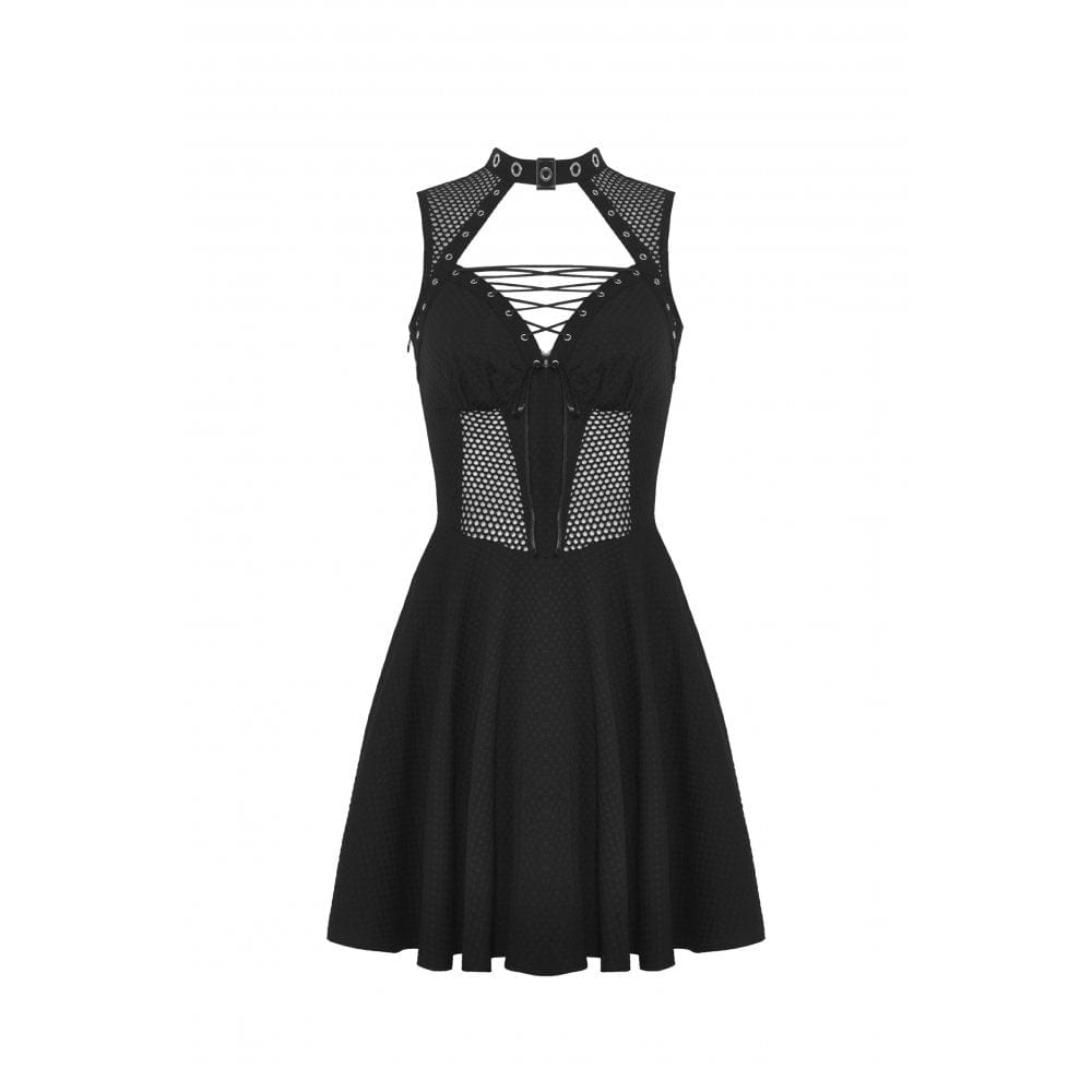 Darkinlove Women's Gothic Cutout Mesh Splice Buckle Dress