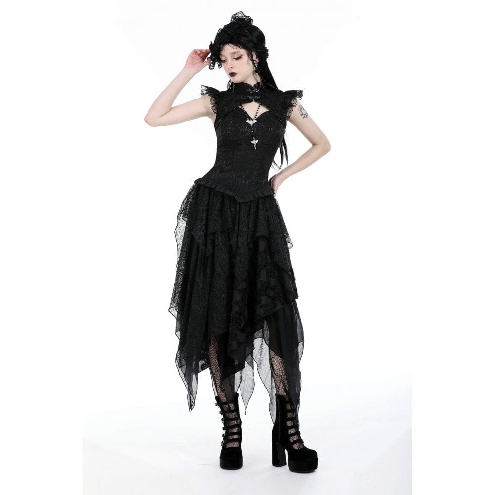 Darkinlove Women's Gothic Cutout Stand Collar Ruffled Tank Top