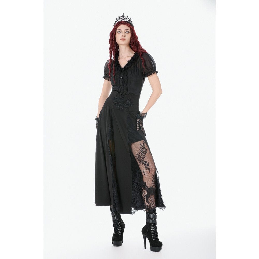Darkinlove Women's Gothic Decal Floral Mesh High Waist Long Skirt