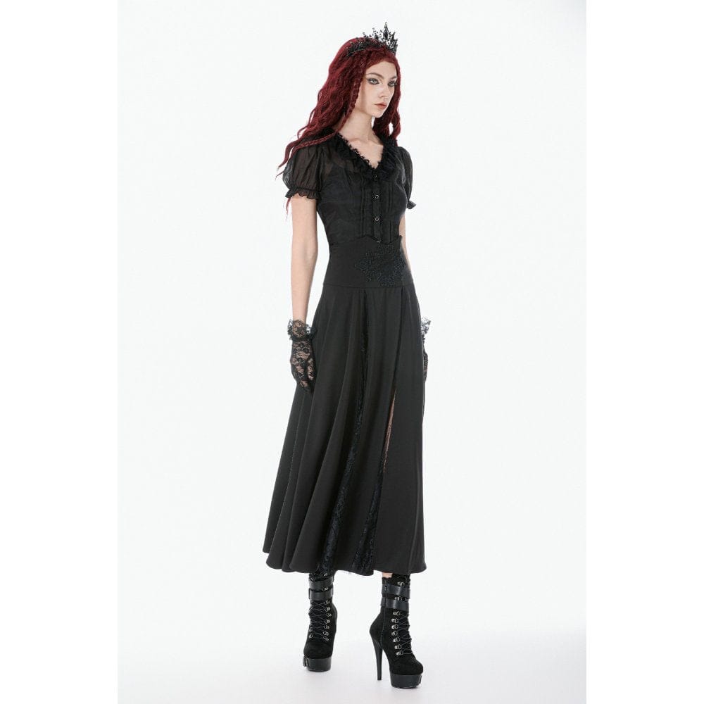 Darkinlove Women's Gothic Decal Floral Mesh High Waist Long Skirt