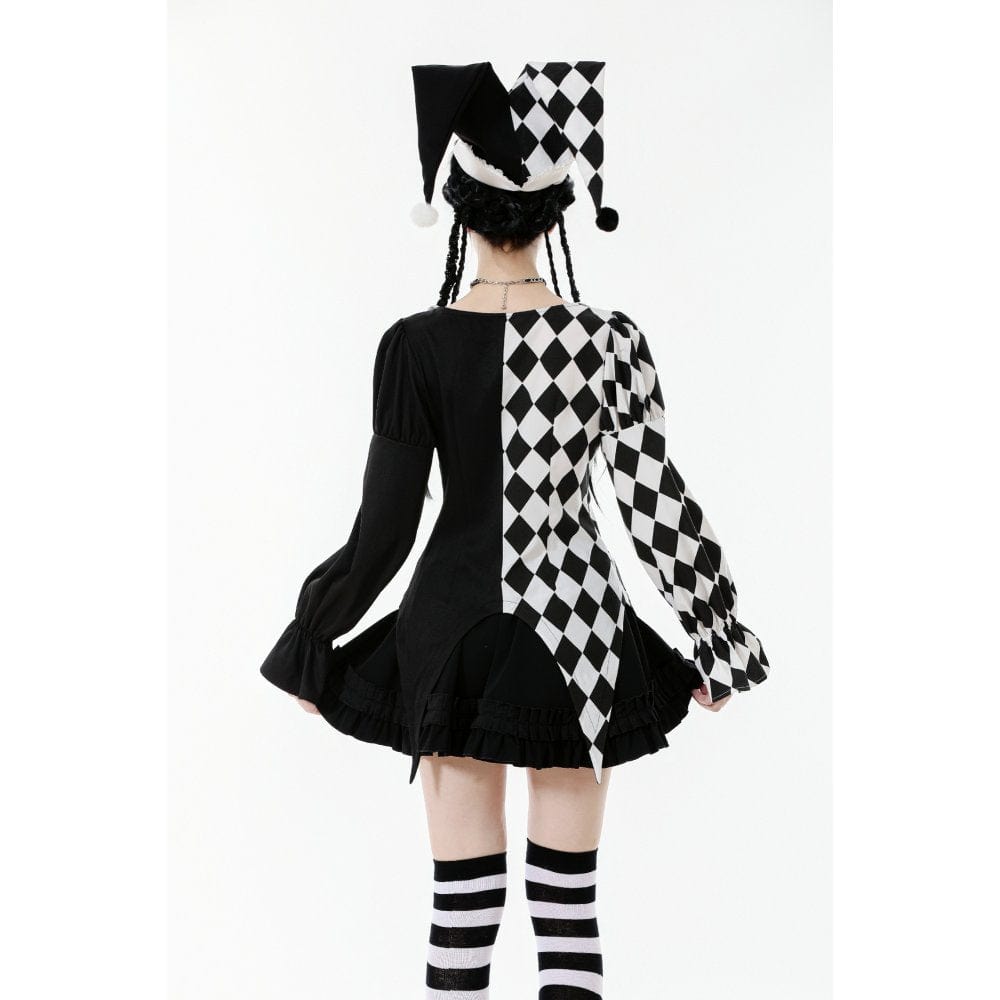 Darkinlove Women's Gothic Diamond Pattern Contrast Color Long Sleeved Shirt