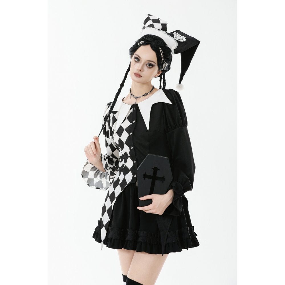 Darkinlove Women's Gothic Diamond Pattern Contrast Color Long Sleeved Shirt