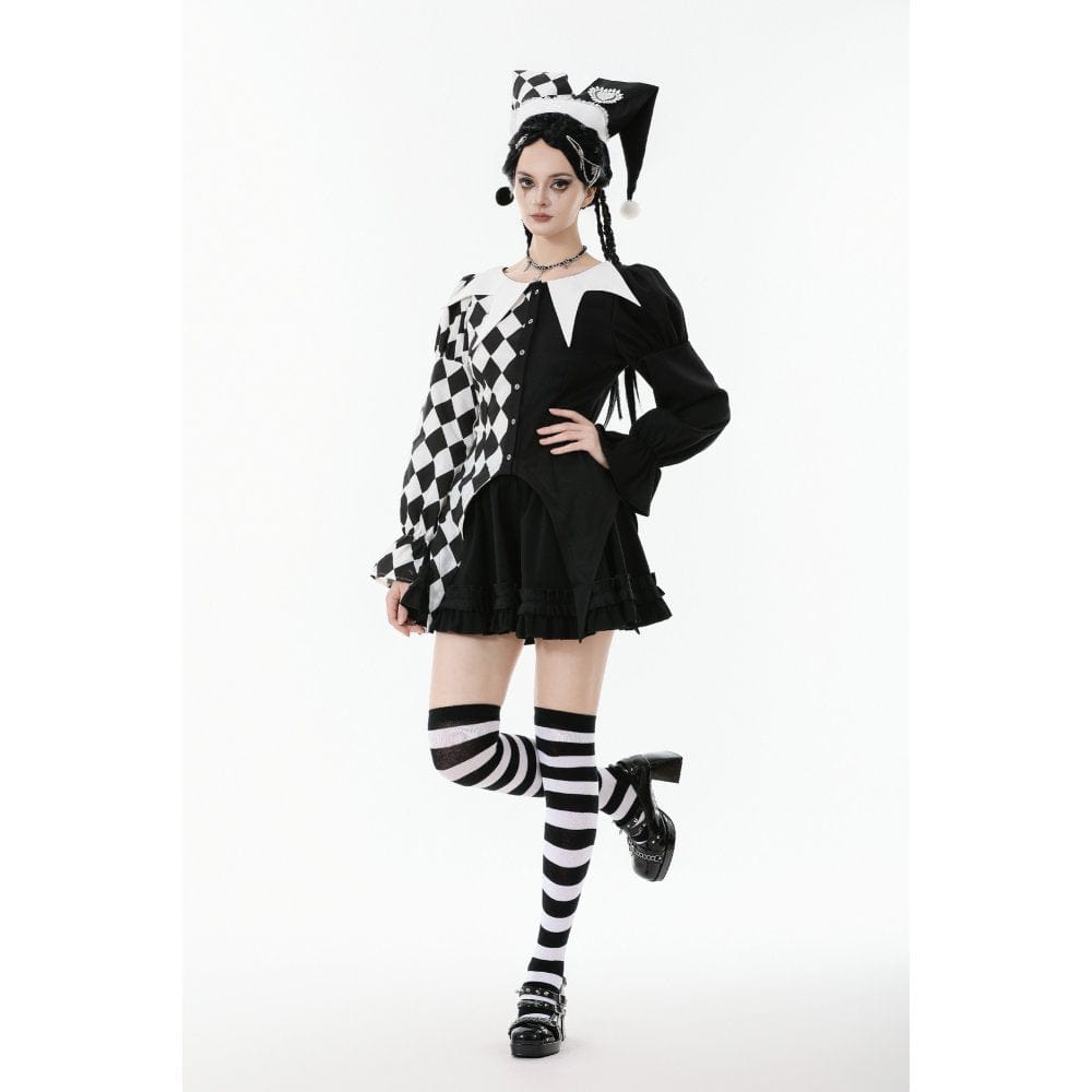 Darkinlove Women's Gothic Diamond Pattern Contrast Color Long Sleeved Shirt