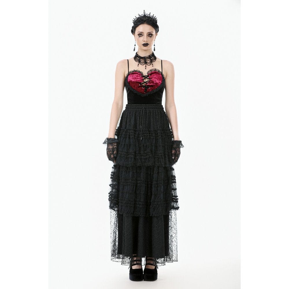 Darkinlove Women's Gothic Dot Multilayer Lace Maxi Skirt