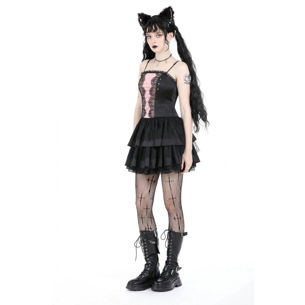 Darkinlove Women's Gothic Double Color Layered Slip Dress