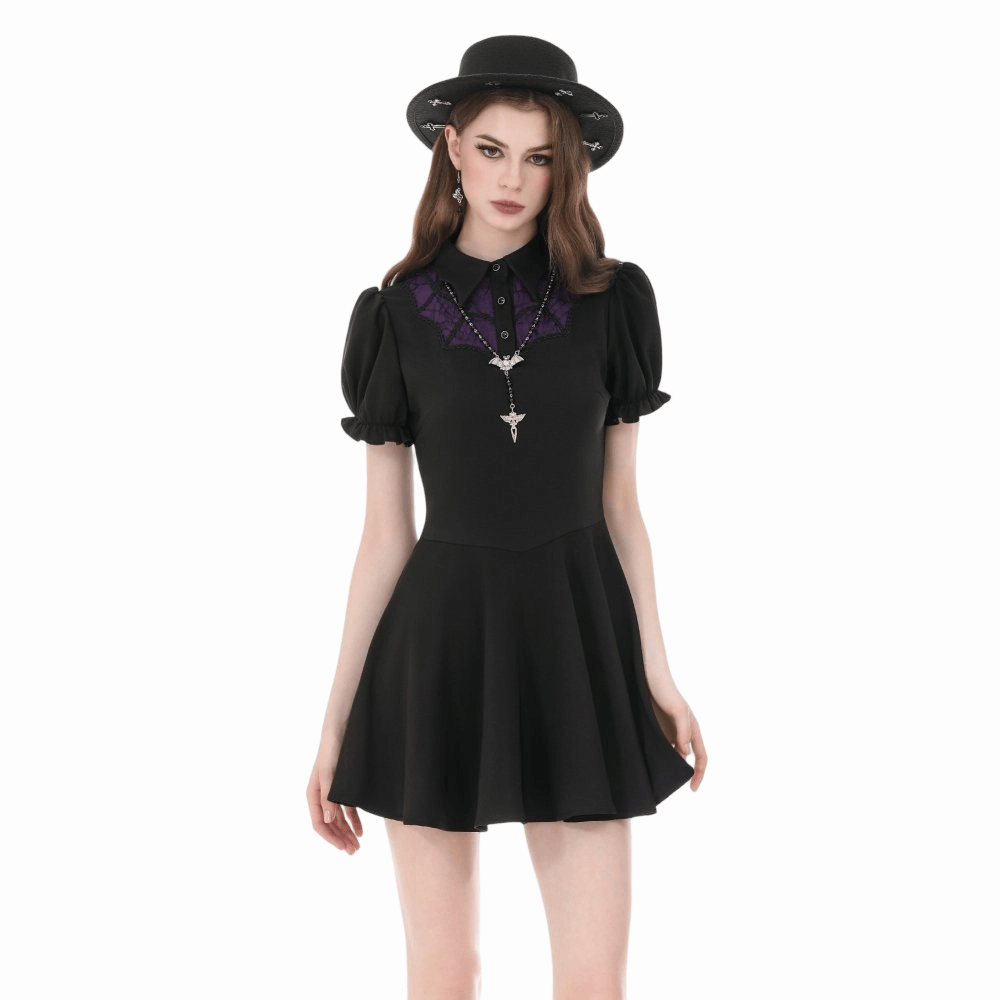 Darkinlove Women's Gothic Double Color Turn-down Collar Puff Short Sleeve Dress