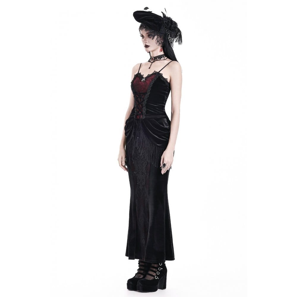 Darkinlove Women's Gothic Draped Tassel Velvet Mermaid Skirt
