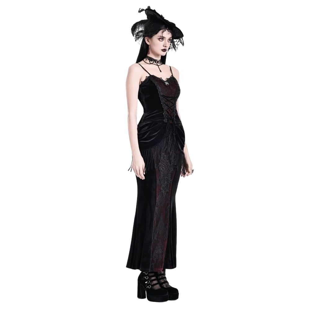 Darkinlove Women's Gothic Draped Tassel Velvet Mermaid Skirt