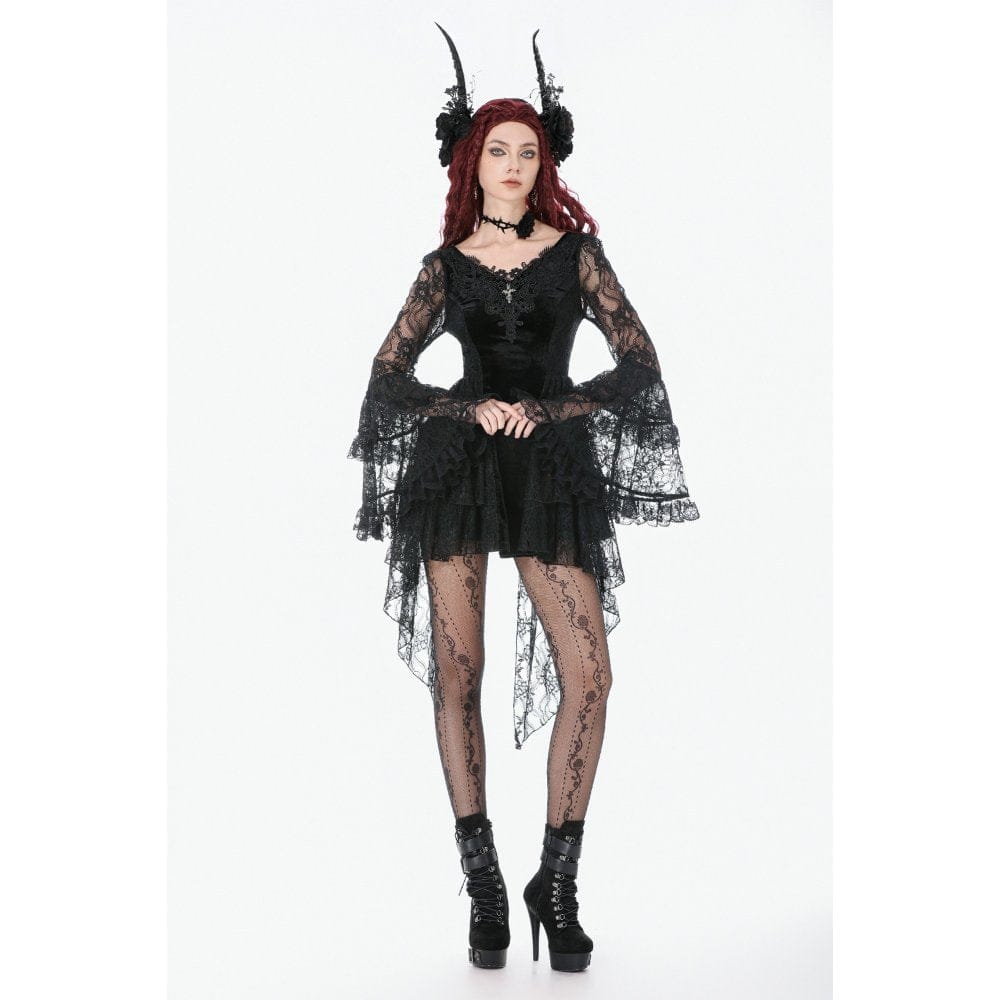 Darkinlove Women's Gothic Embroidered Cross Flared Sleeved Dress