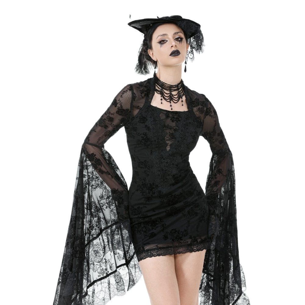 Darkinlove Women's Gothic Embroidered Floral Mesh Square-cut Collar Dress