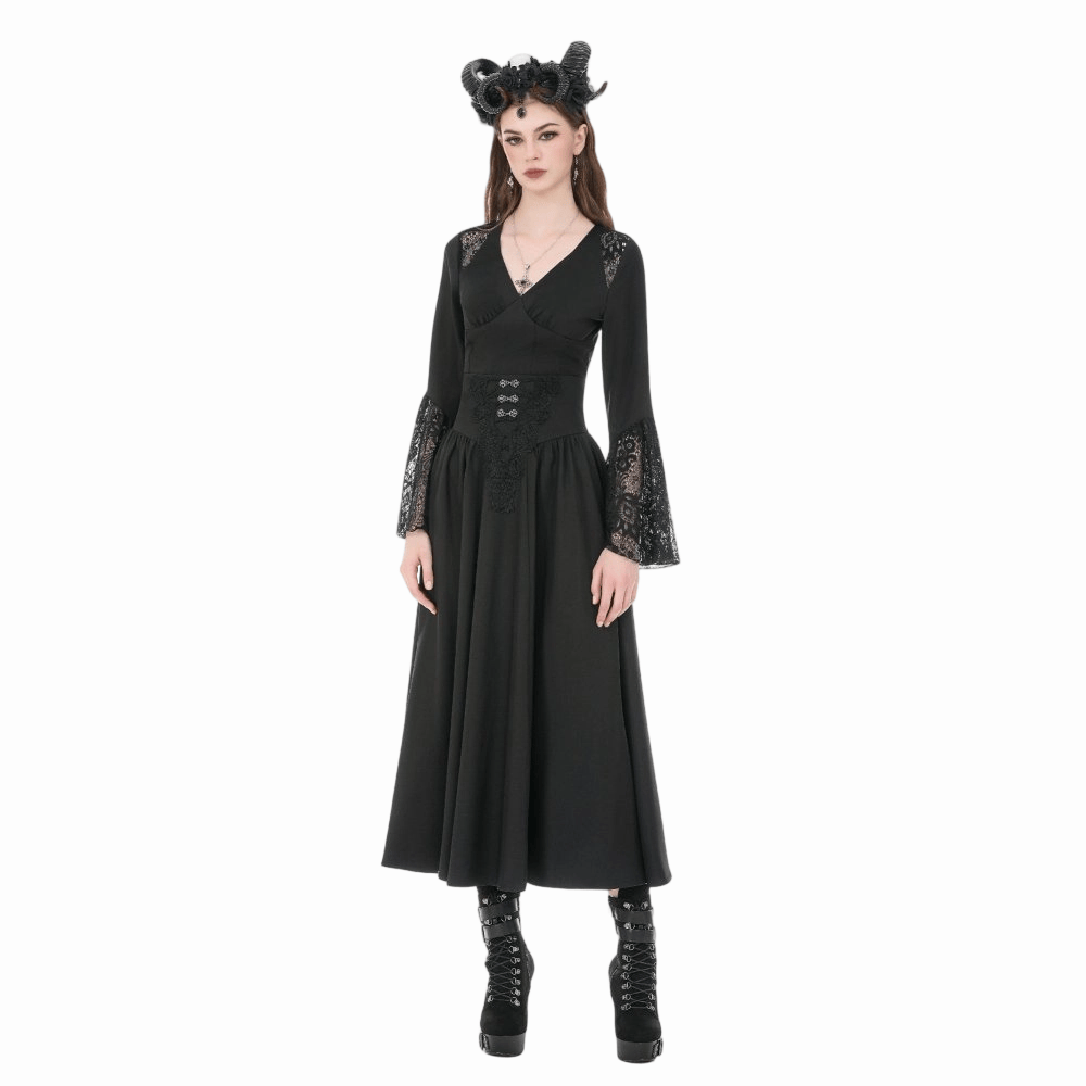 Darkinlove Women's Gothic Embroidered Gathered Maxi Skirt