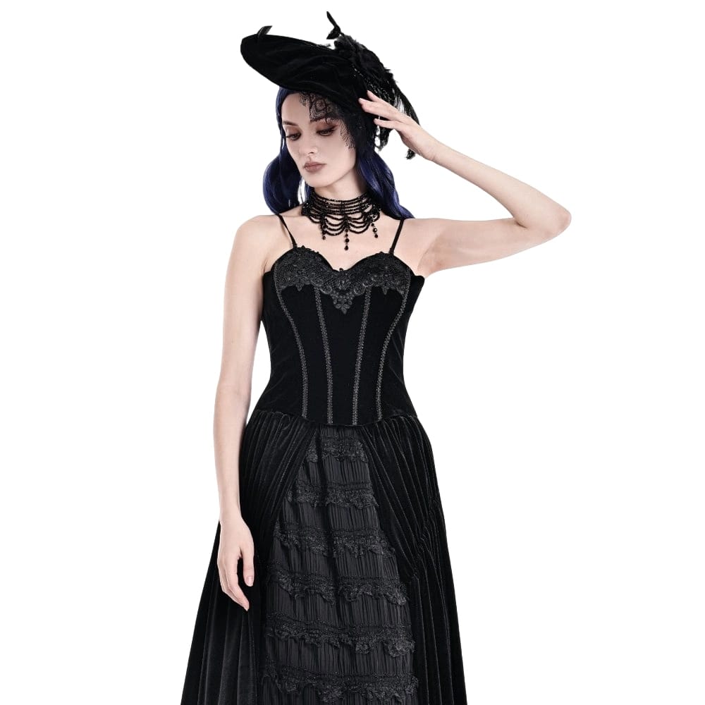 Darkinlove Women's Gothic Embroidered Lace-up Velvet Overbust Corset