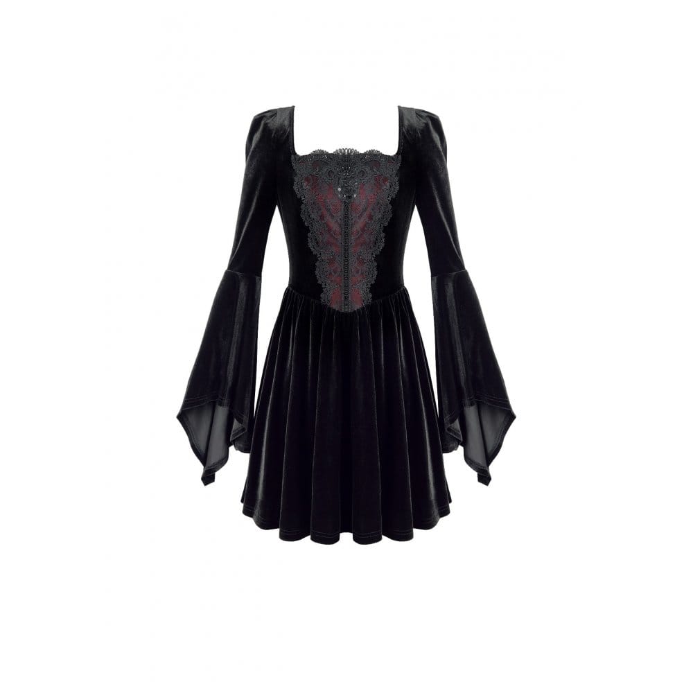 Darkinlove Women's Gothic Embroidered Square Neck Bell Sleeve Velvet Short Dress