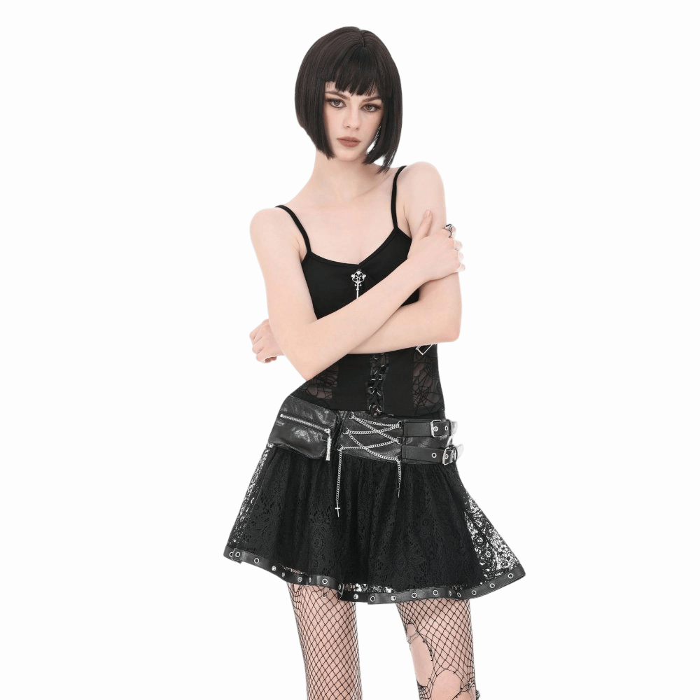 Darkinlove Women's Gothic Eyelet Buckle Straps Chained Short Skirt
