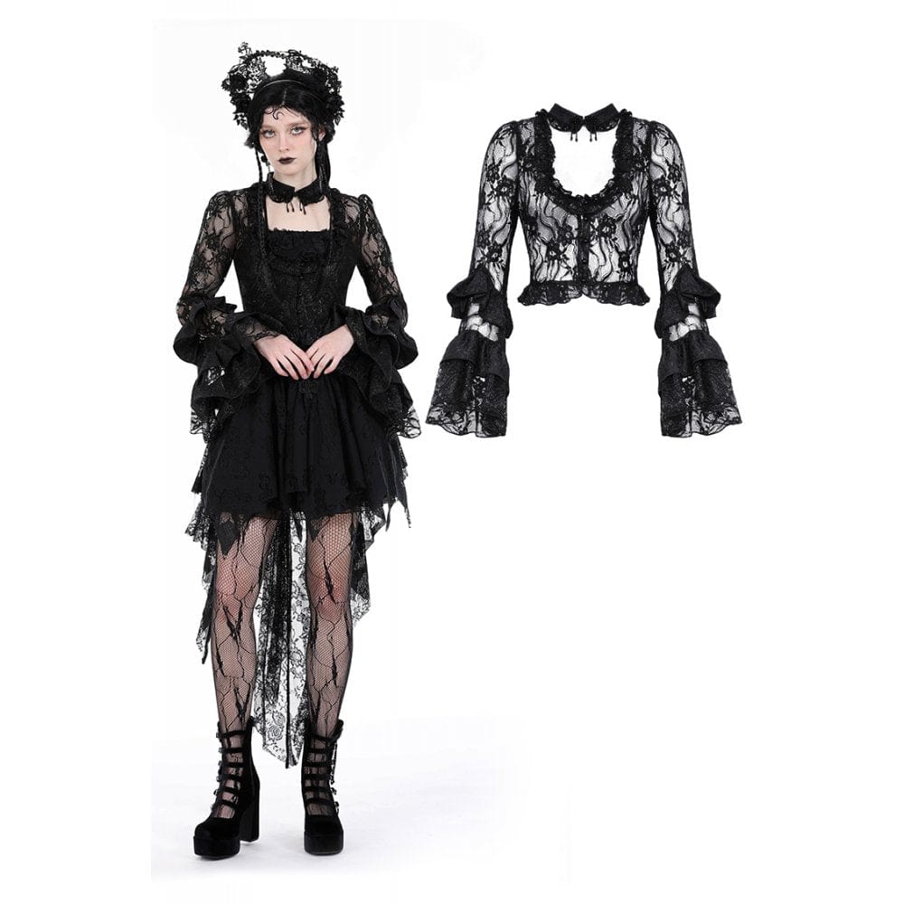 Darkinlove Women's Gothic Flare Sleeved Lace-up Lace Top