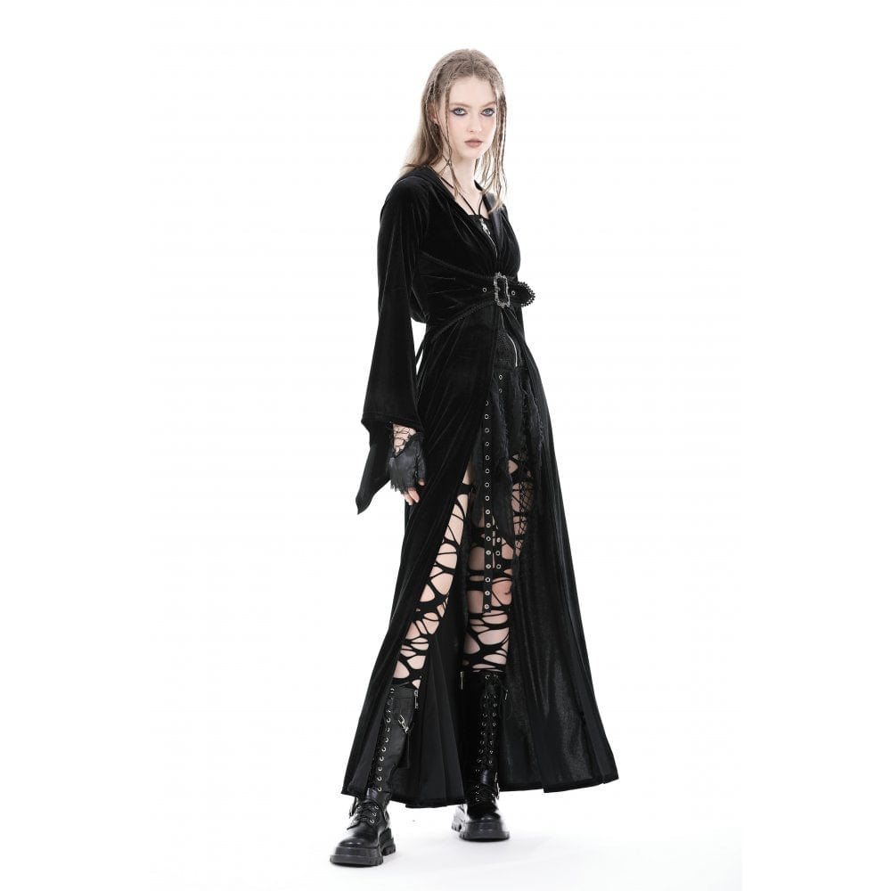 Darkinlove Women's Gothic Flared Sleeved Buckle Velvet Coat with Hood