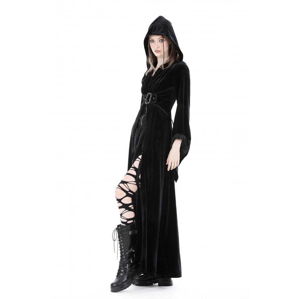 Darkinlove Women's Gothic Flared Sleeved Buckle Velvet Coat with Hood