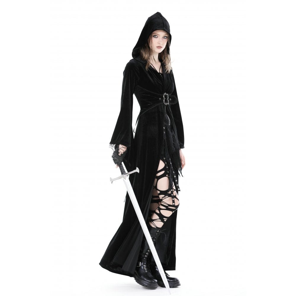 Darkinlove Women's Gothic Flared Sleeved Buckle Velvet Coat with Hood