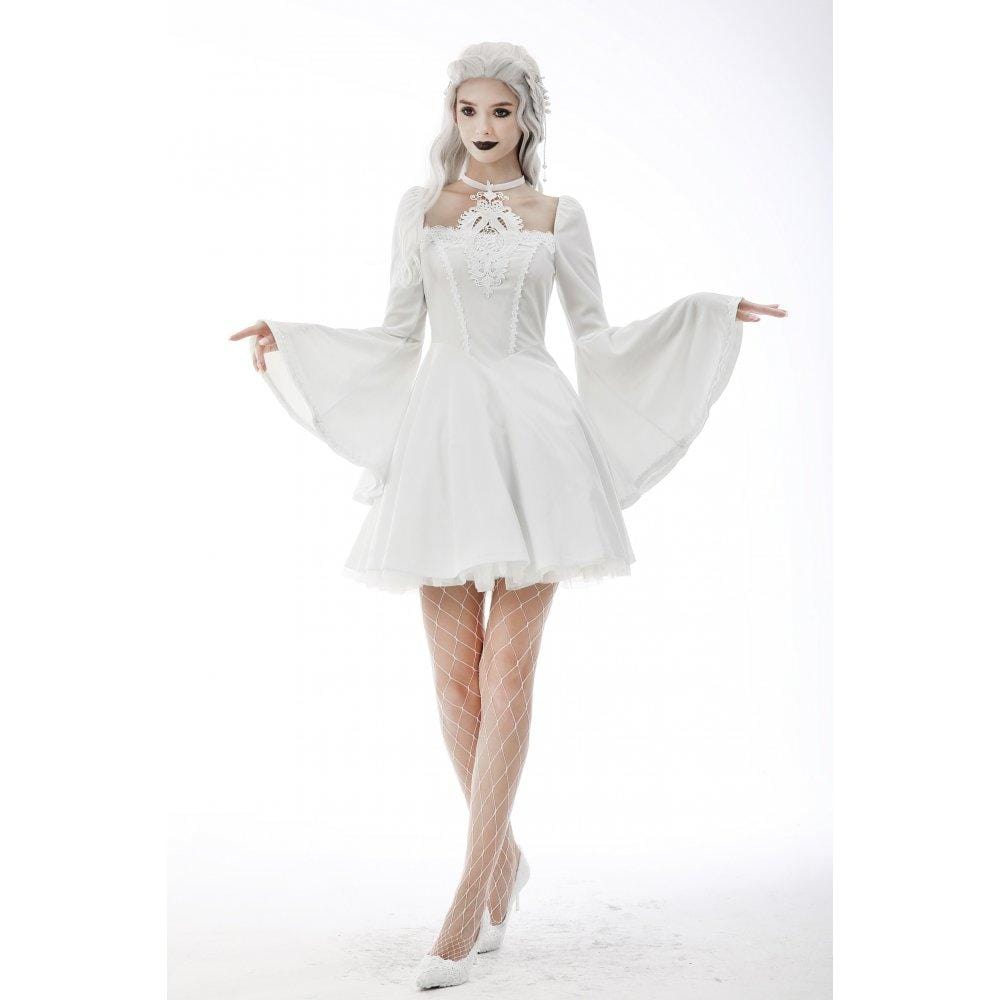 Darkinlove Women's Gothic Flared Sleeved Floral Embroidered Wedding Dress White