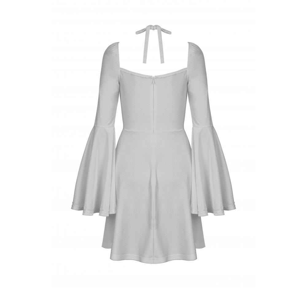 Darkinlove Women's Gothic Flared Sleeved Floral Embroidered Wedding Dress White