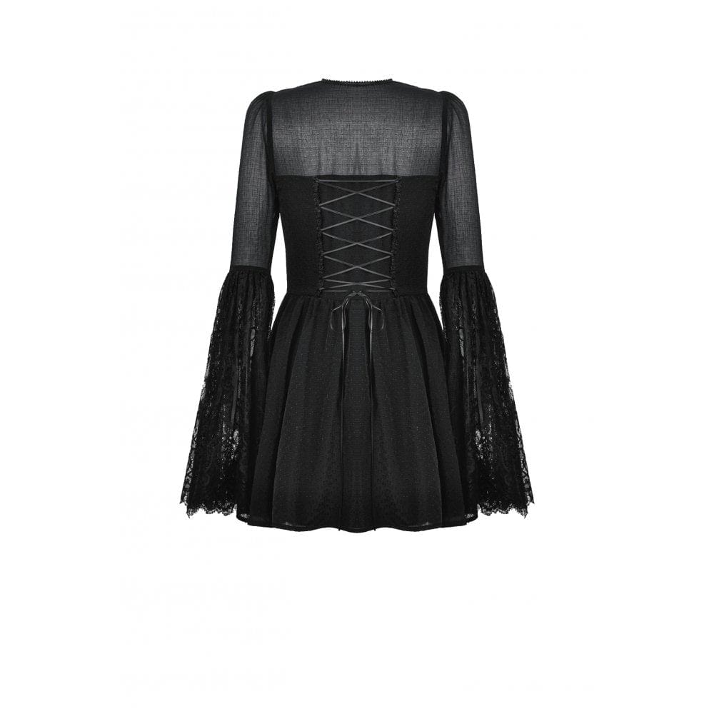 Darkinlove Women's Gothic Flared Sleeved Lace Splice Evening Dress