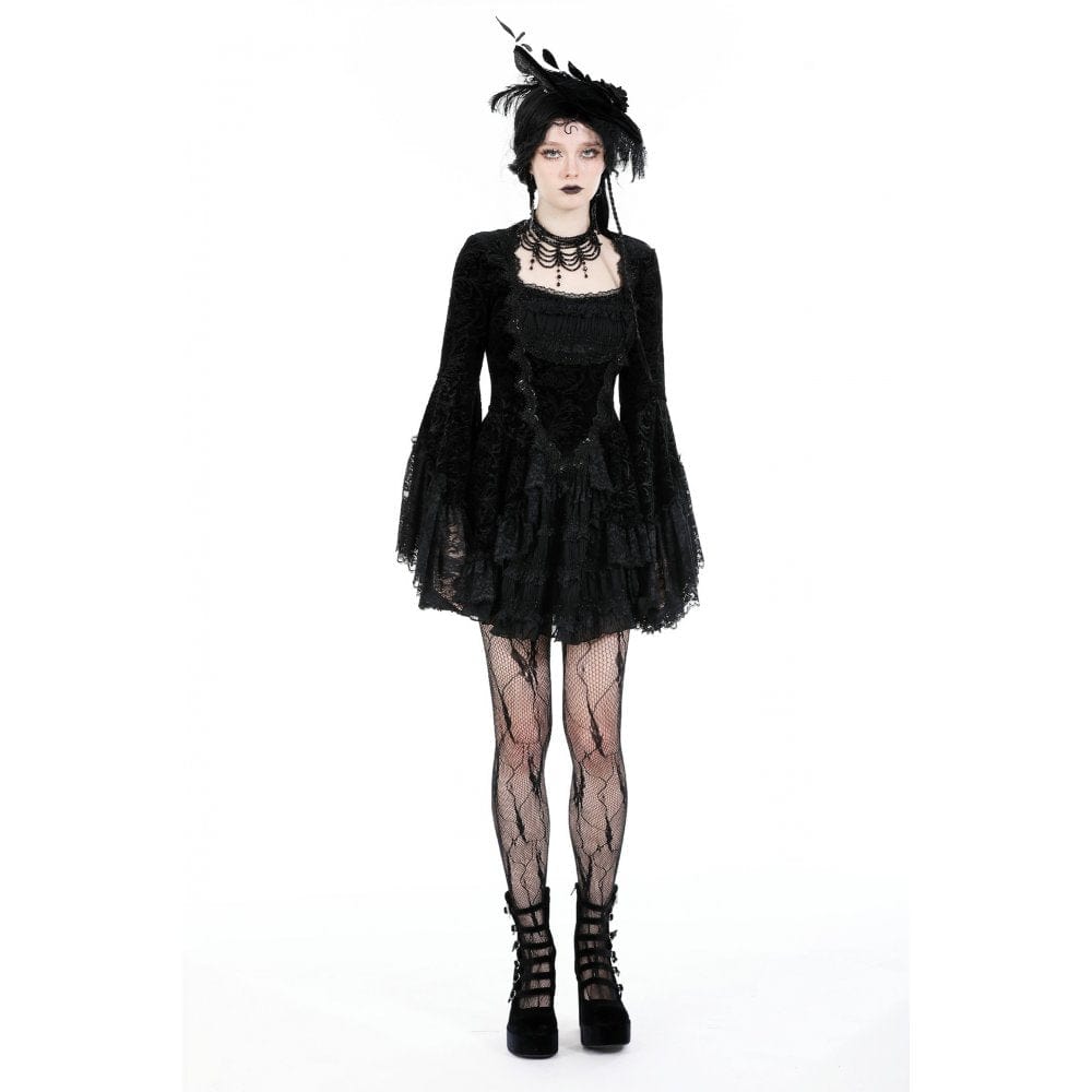 Darkinlove Women's Gothic Flared Sleeved Layered Velvet Dress