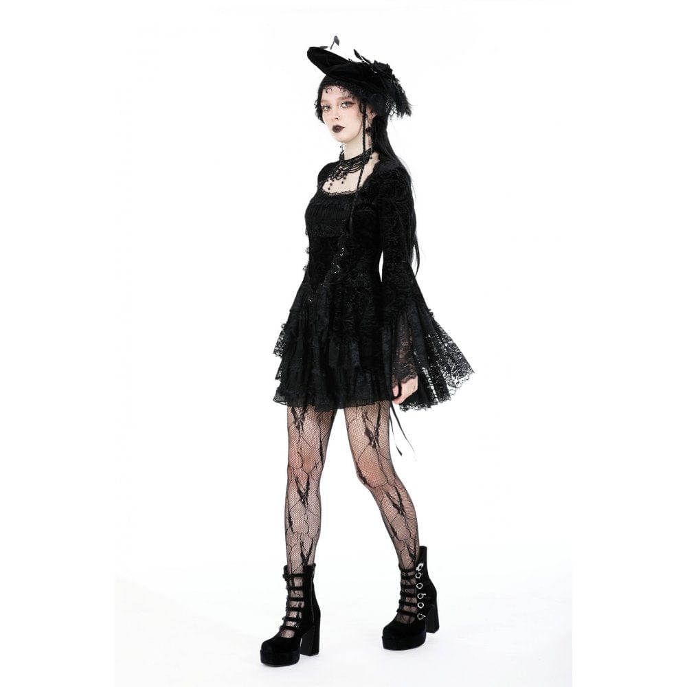 Darkinlove Women's Gothic Flared Sleeved Layered Velvet Dress