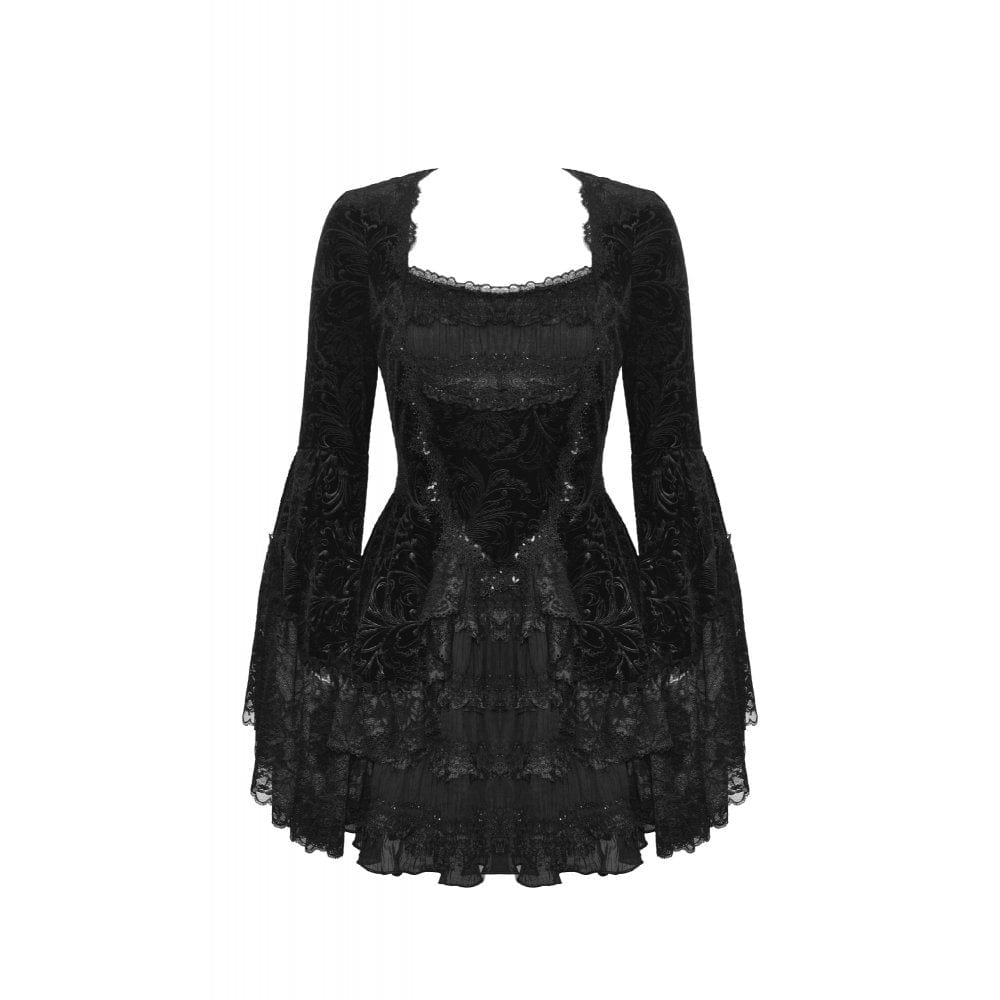 Darkinlove Women's Gothic Flared Sleeved Layered Velvet Dress