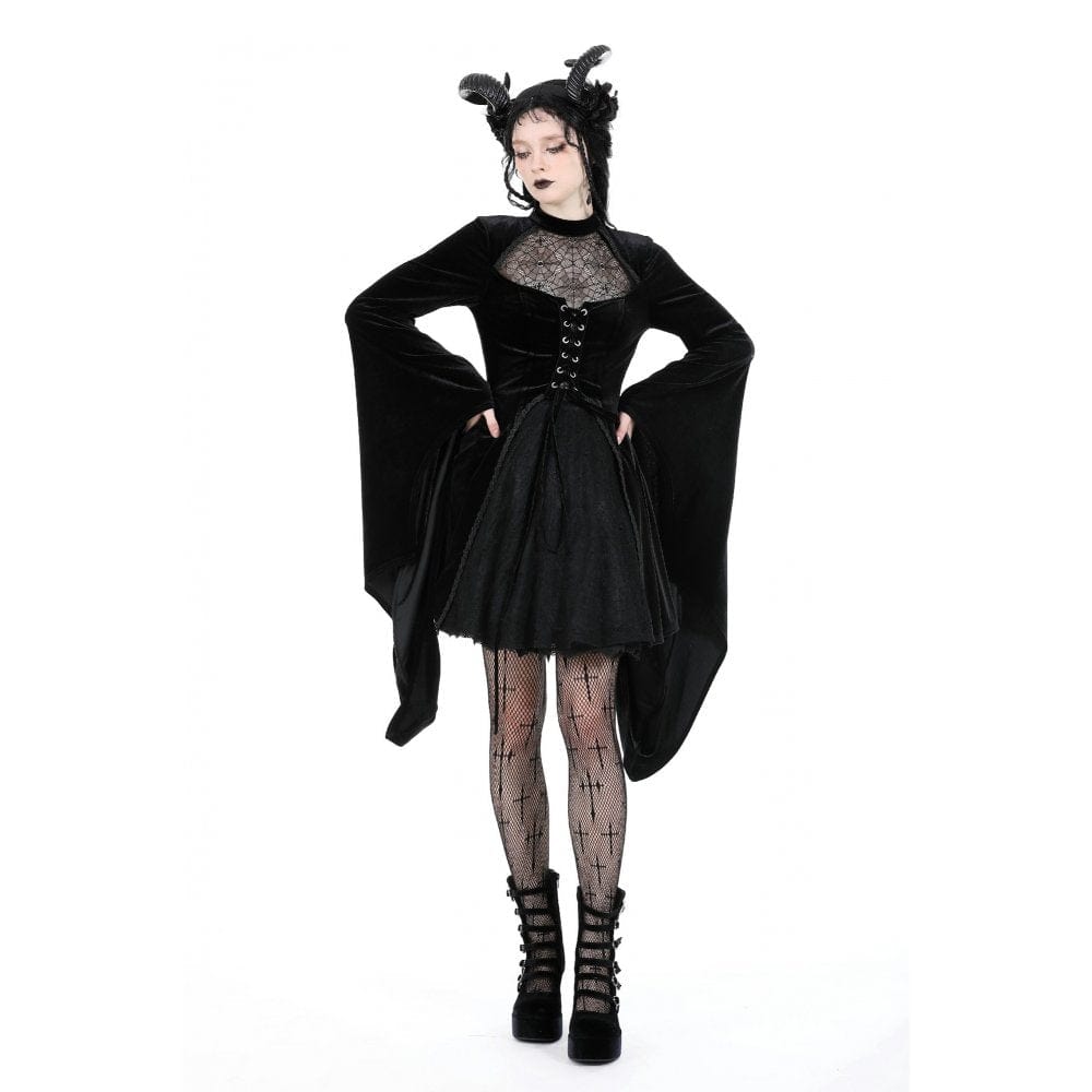 Darkinlove Women's Gothic Flared Sleeved Spider Mesh Splice Velvet Dress