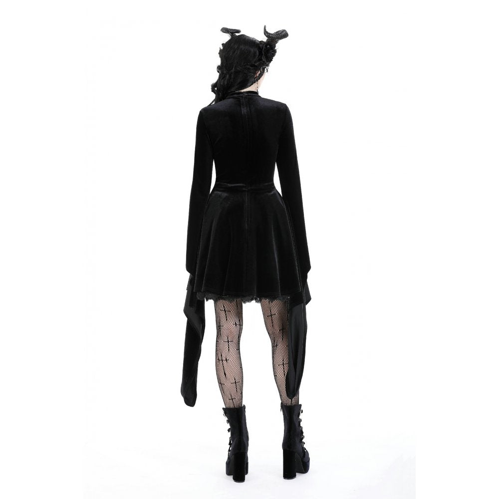 Darkinlove Women's Gothic Flared Sleeved Spider Mesh Splice Velvet Wedding Dress