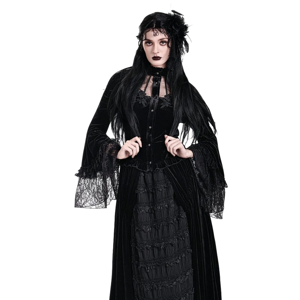 Darkinlove Women's Gothic Floral Applique Ruched Bell Sleeve Velvet Blouse
