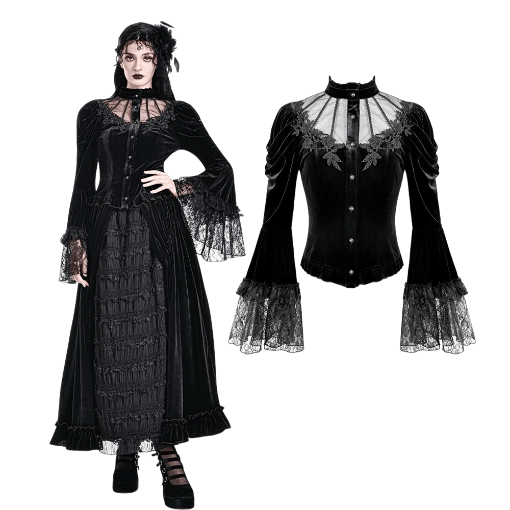 Darkinlove Women's Gothic Floral Applique Ruched Bell Sleeve Velvet Blouse