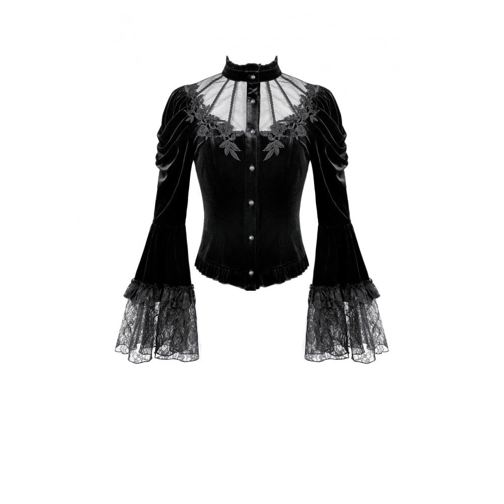 Darkinlove Women's Gothic Floral Applique Ruched Bell Sleeve Velvet Blouse