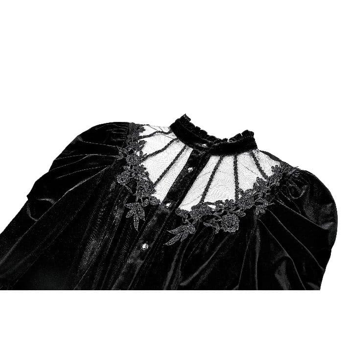 Darkinlove Women's Gothic Floral Applique Ruched Bell Sleeve Velvet Blouse