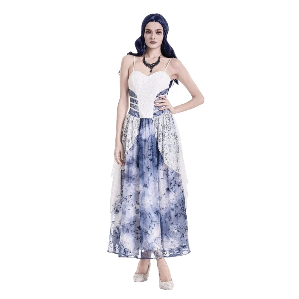 Darkinlove Women's Gothic Floral Blue Chiffon Hem Embossed Lace Midi Slip Dress