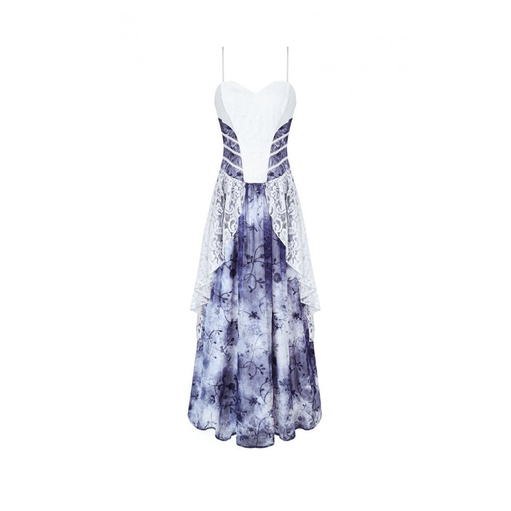 Darkinlove Women's Gothic Floral Blue Chiffon Hem Embossed Lace Midi Slip Dress