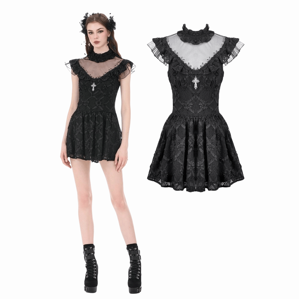 Darkinlove Women's Gothic Floral Cross Sheer Mesh Splice Short Dress