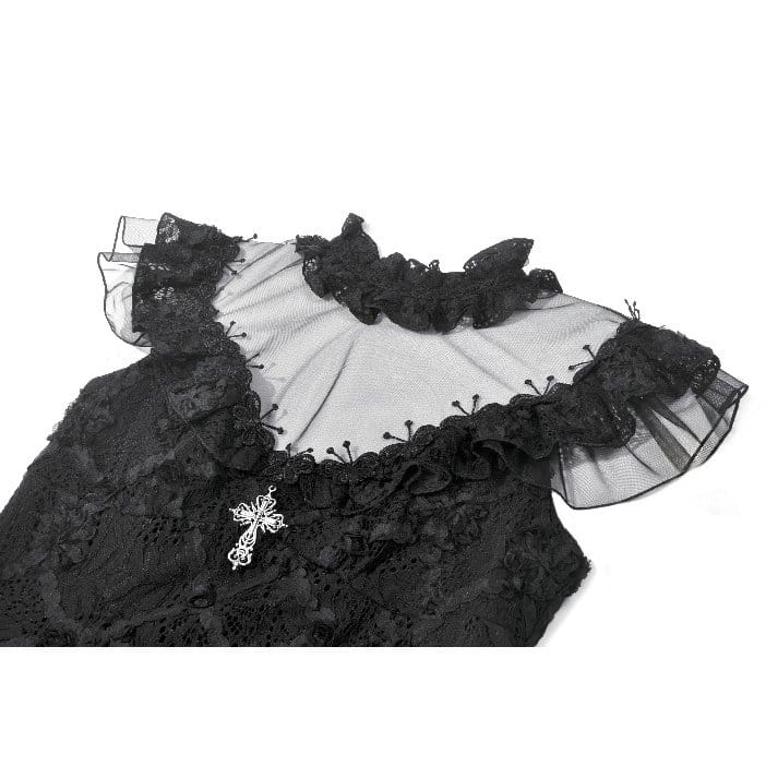 Darkinlove Women's Gothic Floral Cross Sheer Mesh Splice Short Dress