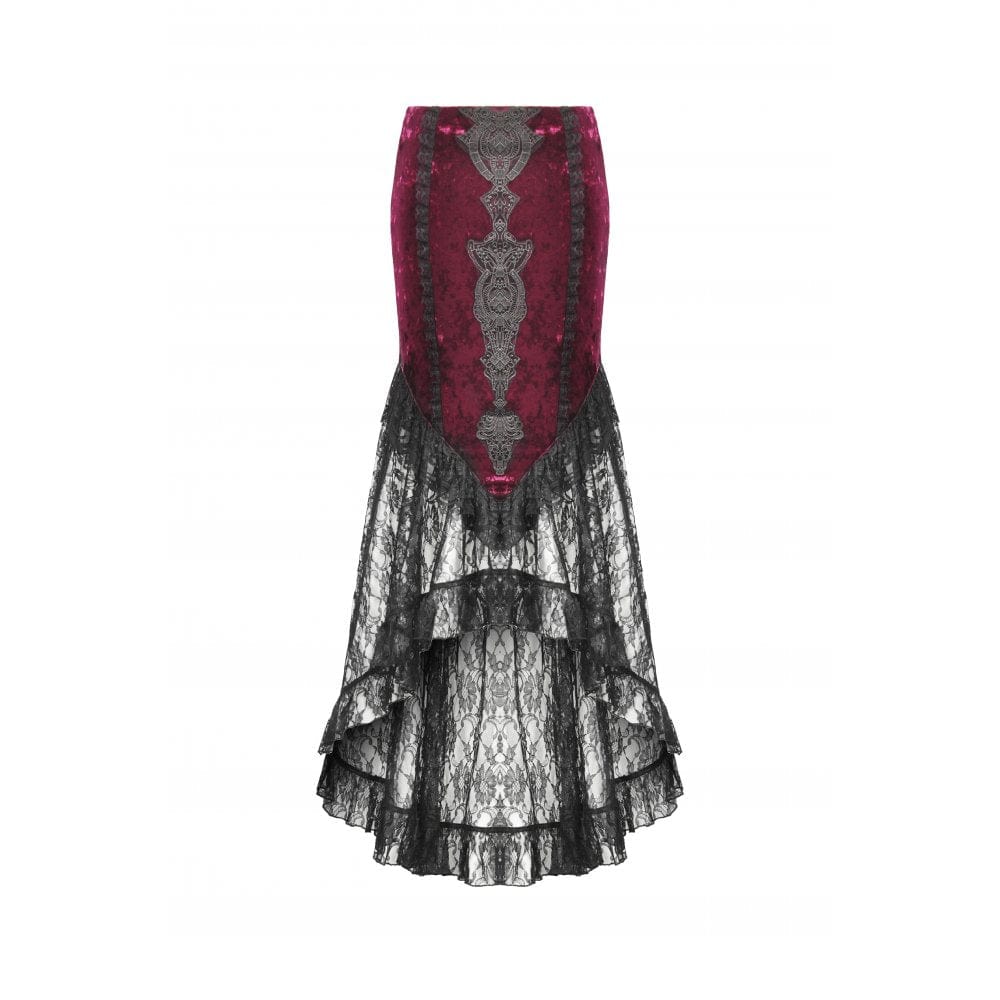 Darkinlove Women's Gothic Floral Embroidered High/Low Lace Maxi Skirt