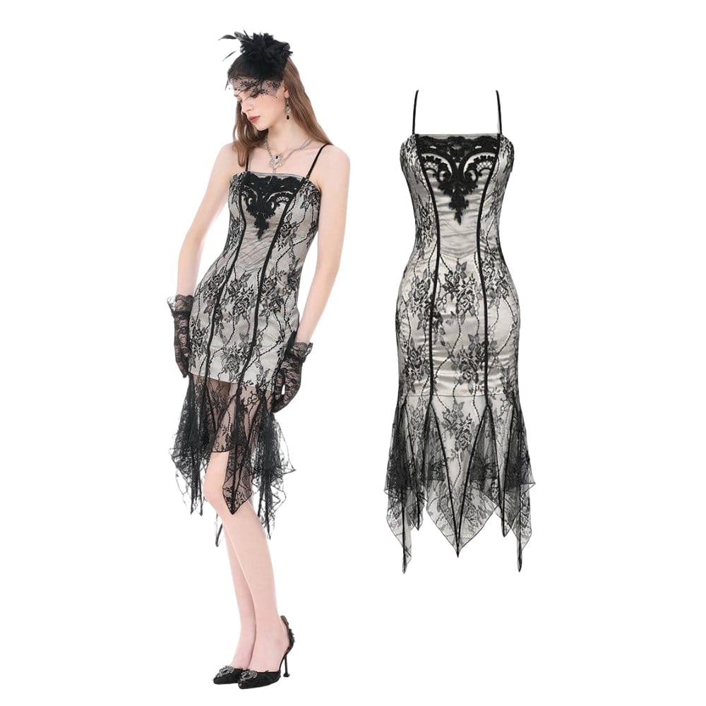 Darkinlove Women's Gothic Floral Embroidered Lace Irregular Hem Slip Dress